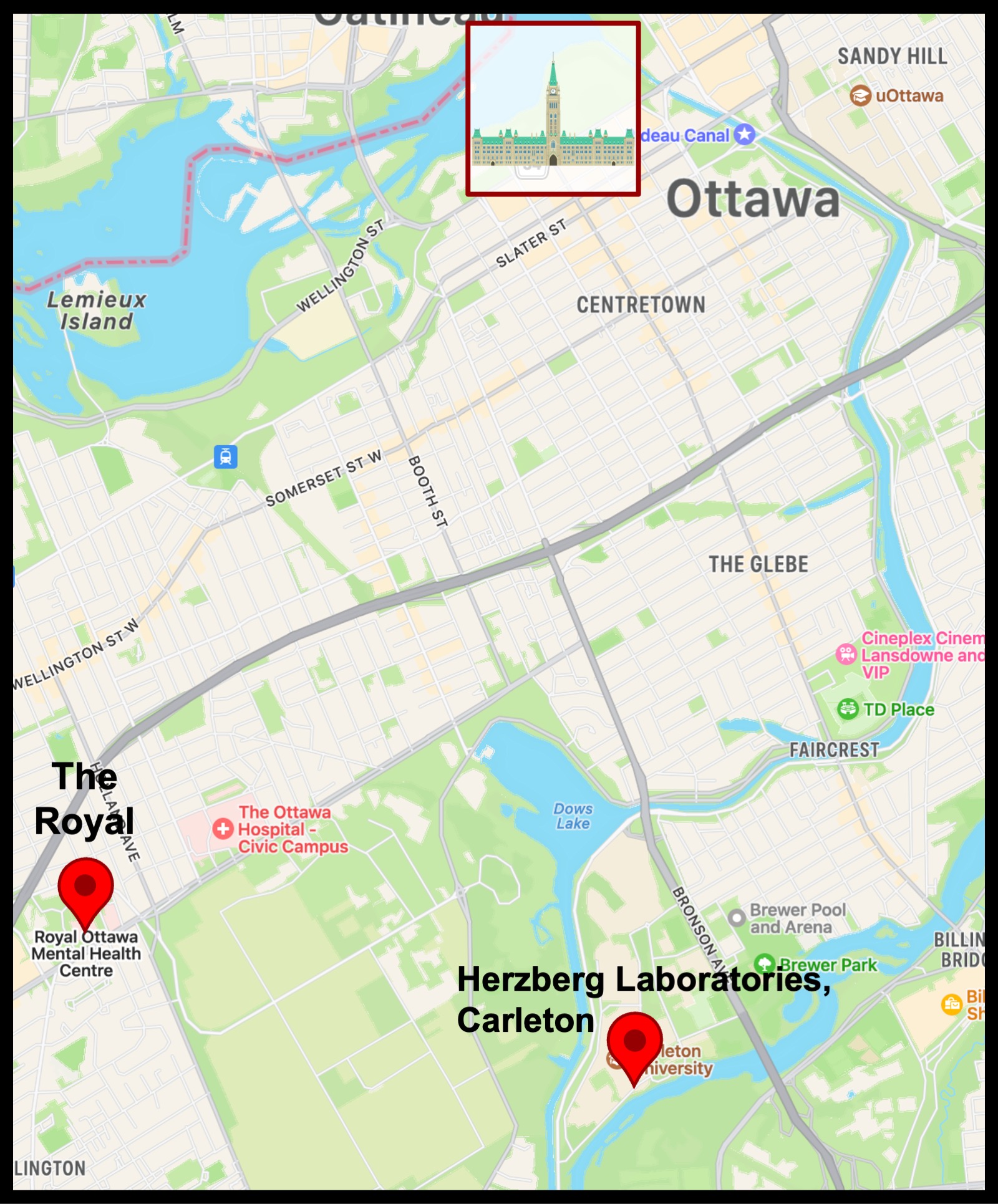 map of Ottawa with Carleton and The Royal marked off